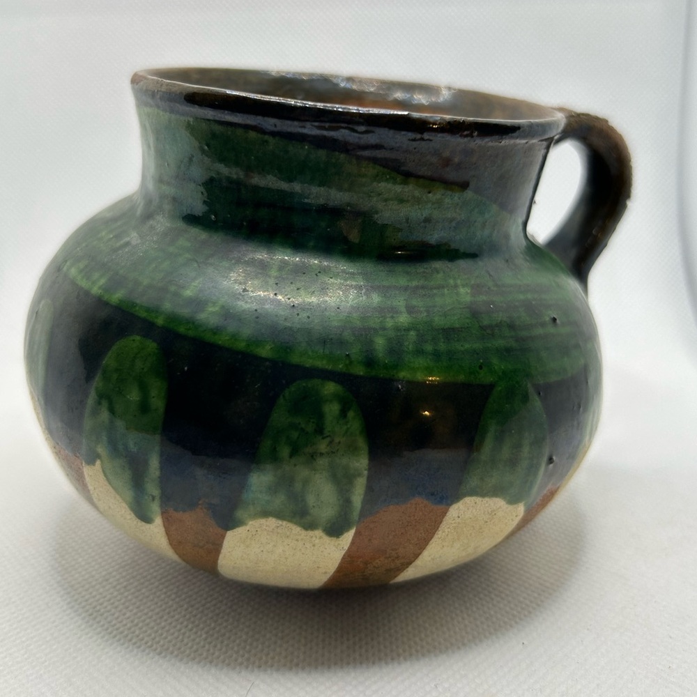 Vintage Pot Mexican Pottery Handcrafted Green Ceramic Handled Drip Glaze